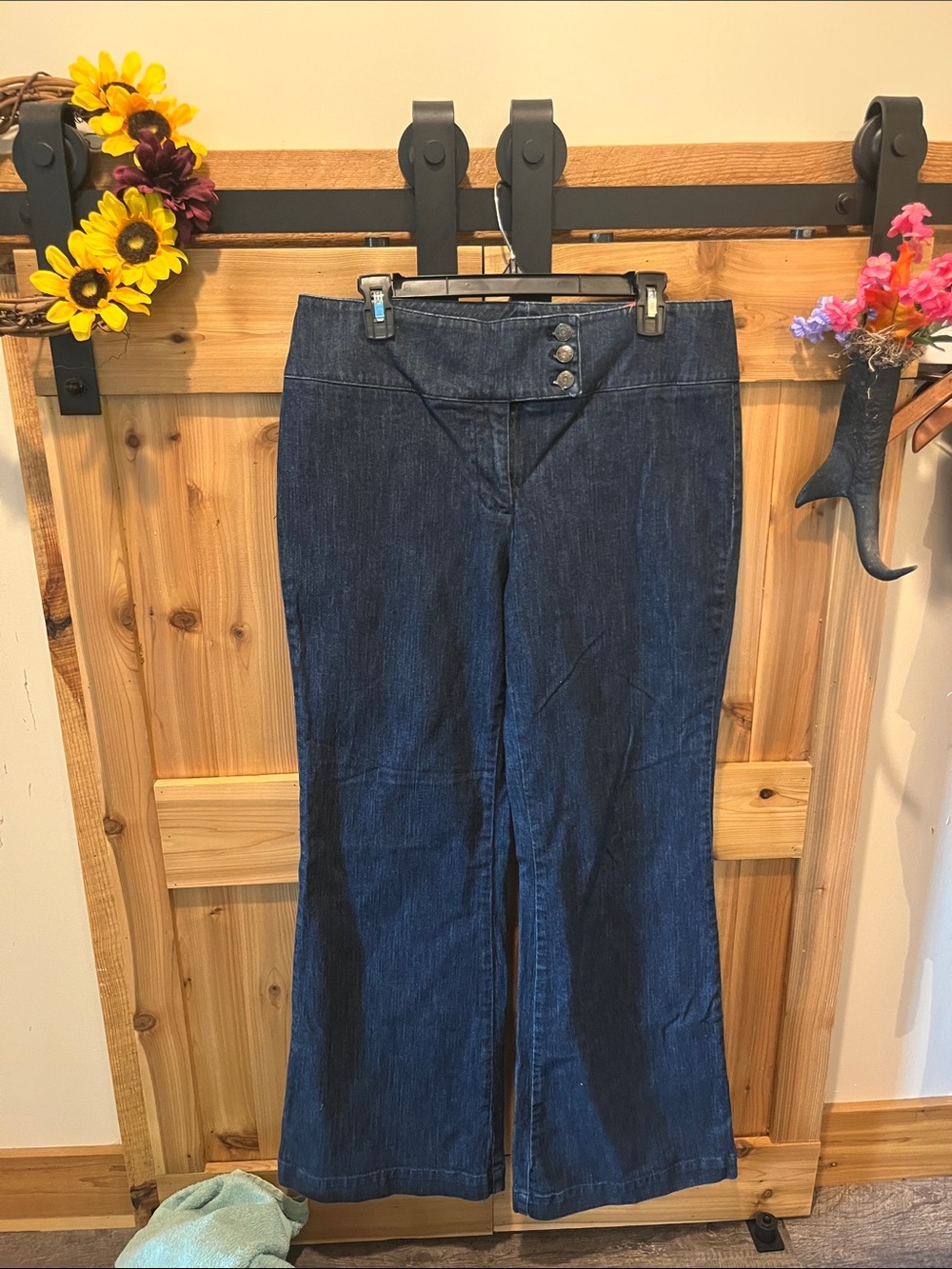 New York & Company Battery Park Indigo Flared Jeans with Button Waist